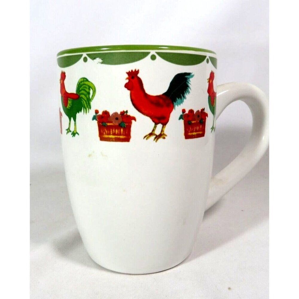 Century Rooster Coffee Mug Chicken Baskets of Fruits Ceramic Cup Green on White